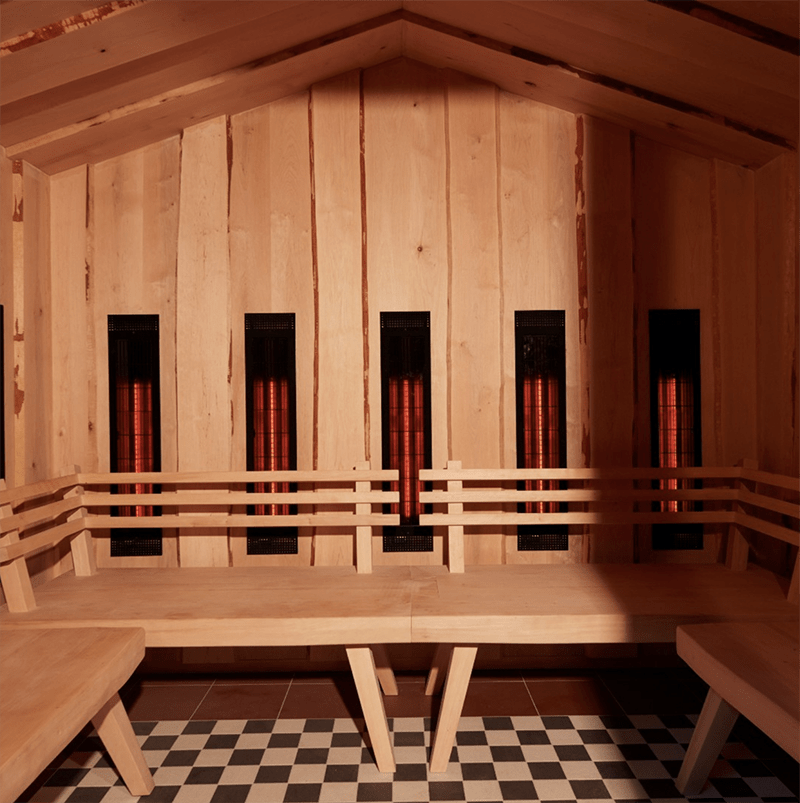 Wooden sauna with checkerboard floor 