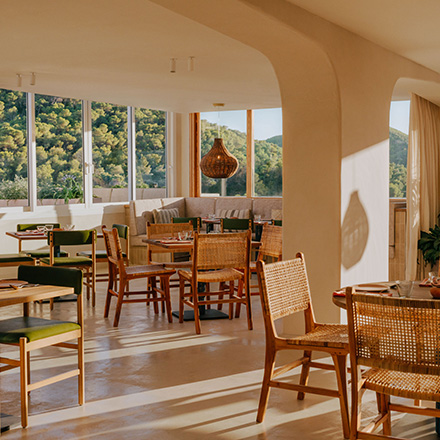 Luminoso comedor con luz natural, sillas de comedor de mimbre, sillas de comedor verdes y mesas de madera con ventanas con vistas a un bosque verde.