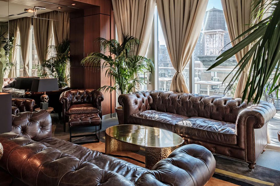 Sunlight meeting space with large leather couches and chairs, a gold oval table, lush plants and floor to ceiling windows.