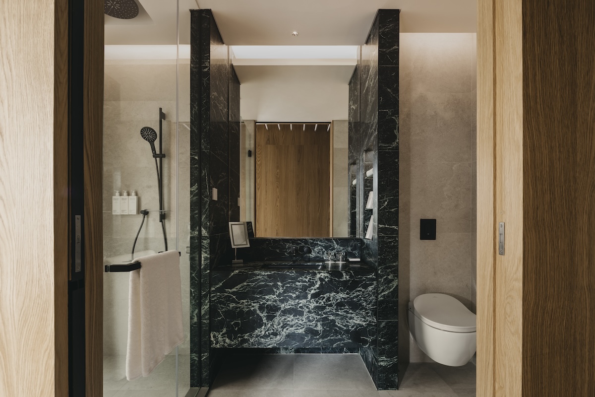 Dark marble bathroom with a sink, shower and toilet