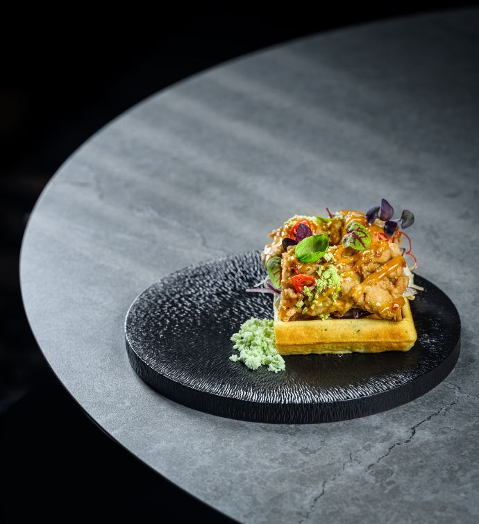 Crispy chicken waffle dish at Avoca Hong Kong