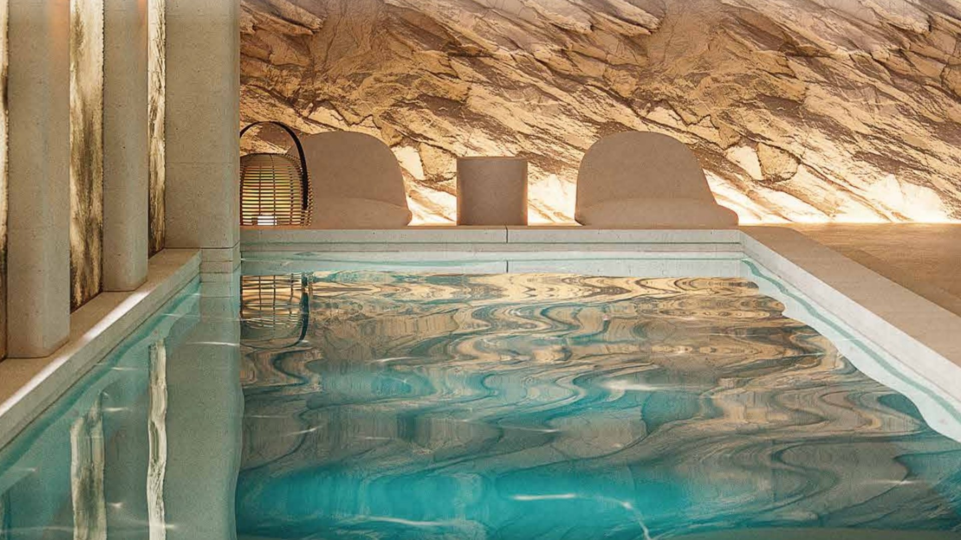 Render of a large turquoise indoor pool with cream walls
