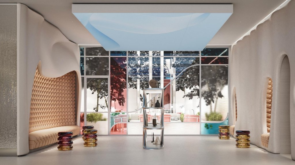 Large modern sunlit lobby with interesting modern decor and artworks