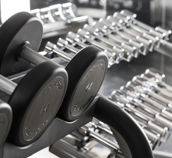 Close-up image of arm weights in the Mondrian Doha fitness center