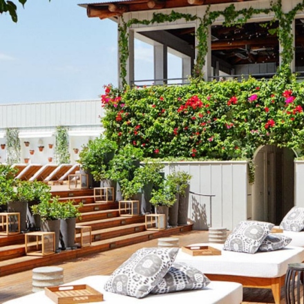 Daybeds on the roof deck of Skybar Los Angeles