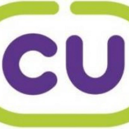 a CU logo that is purple and green