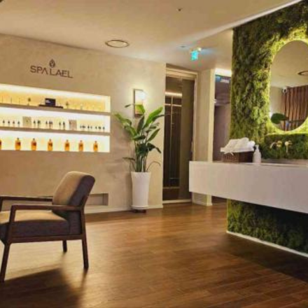 a serene entryway into a spa with a green leaf backdrop 