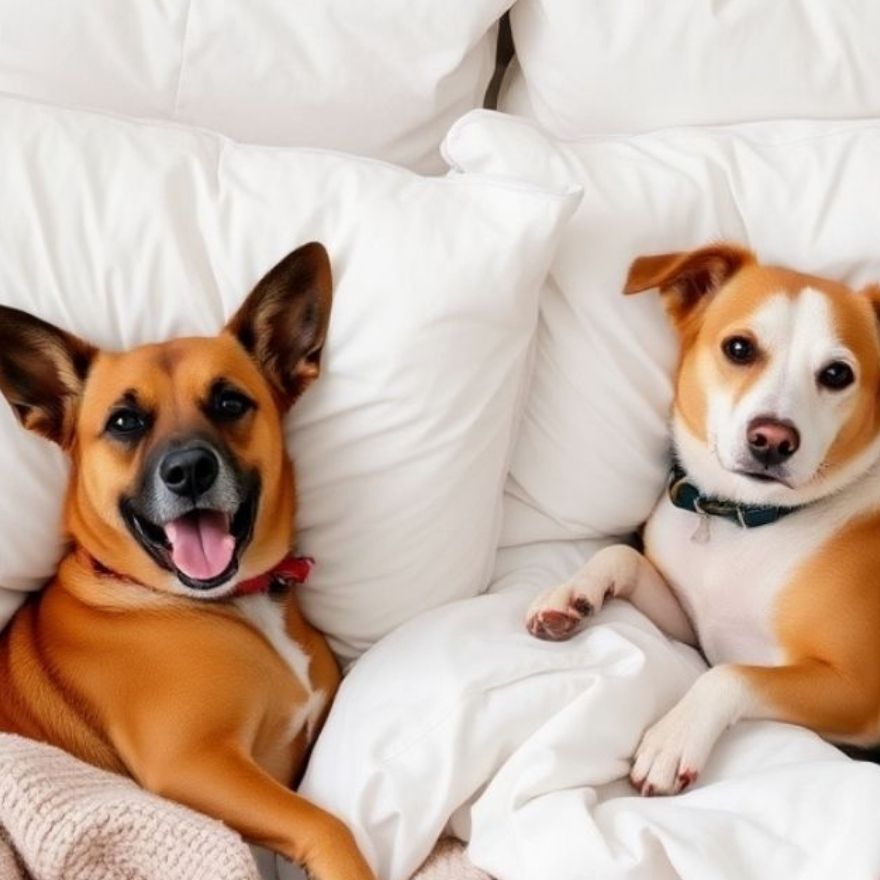 Two dogs lay in a large bed with white pillows beneath them