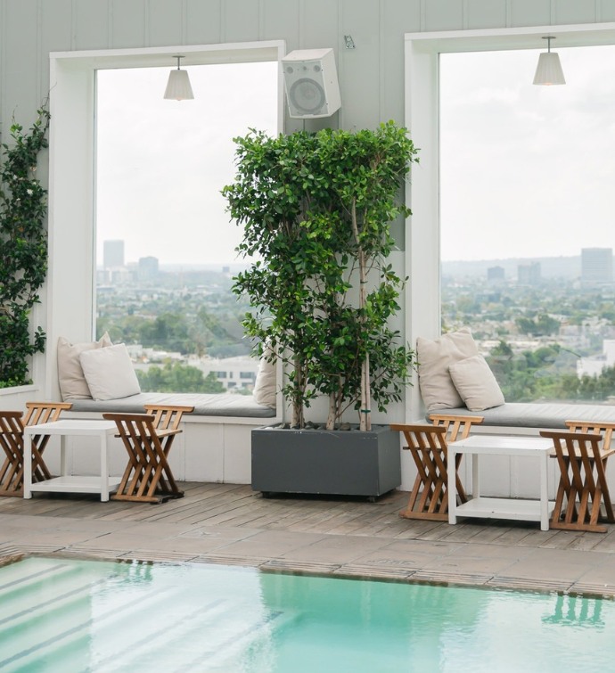 Mondrian Los Angeles Skybar pool with a view of the city