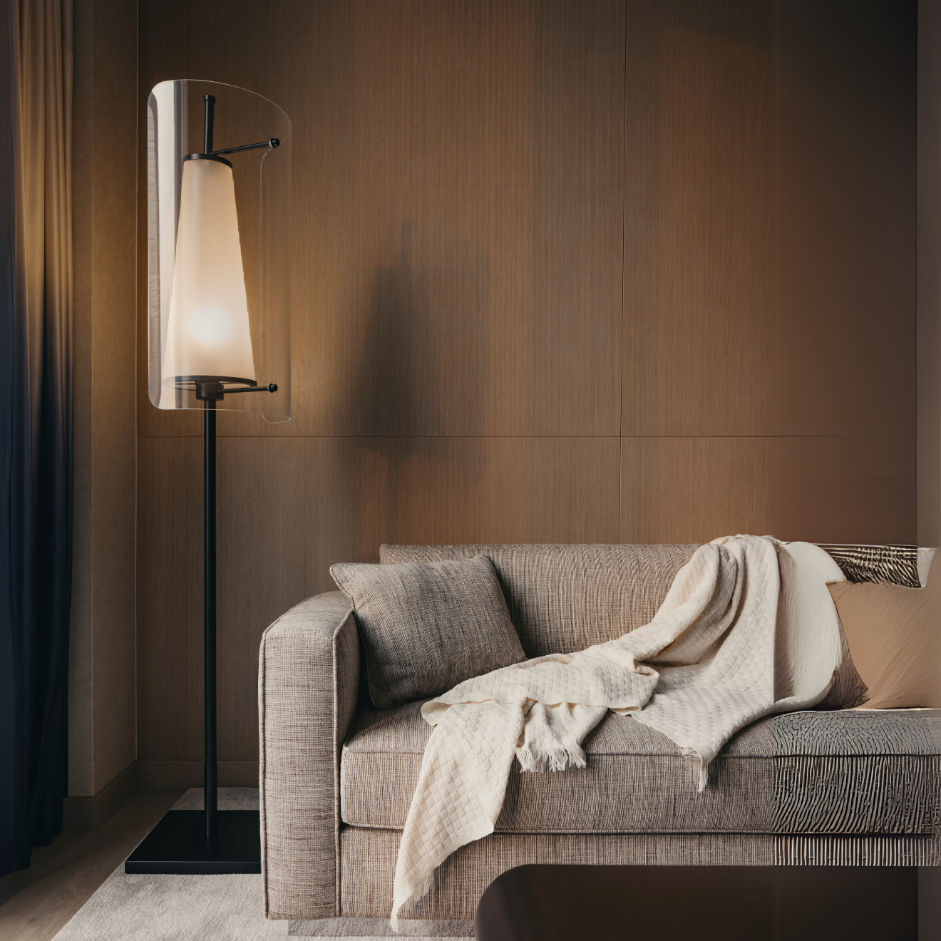 comfortable couch with a reading lamp