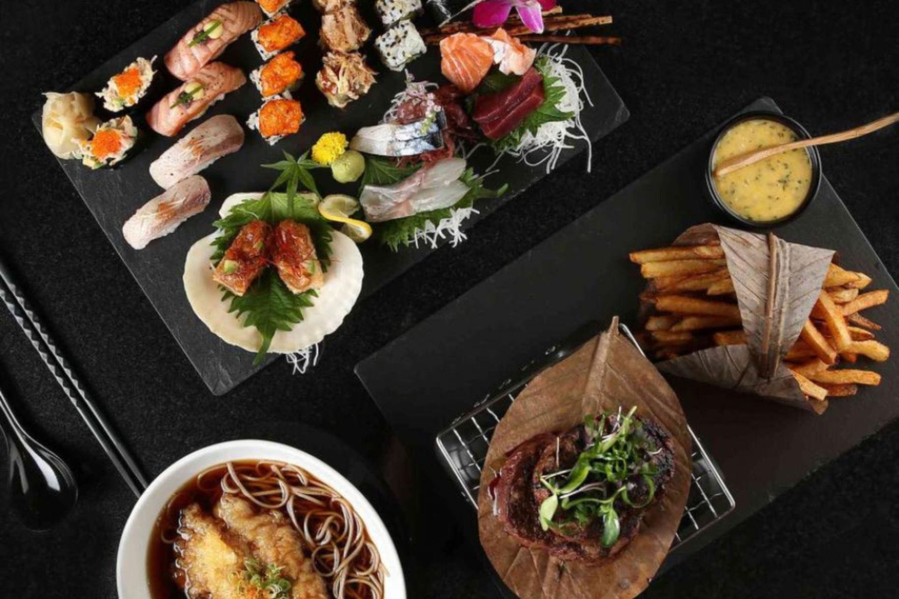 Plateau de sushis accompagné d'un steak et de frites au Morimoto Doha