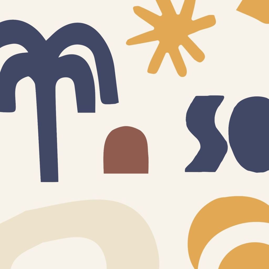 Dark blue palm tree graphic, yellow sun graphic, and dark blue "s" and "o" on a beige background