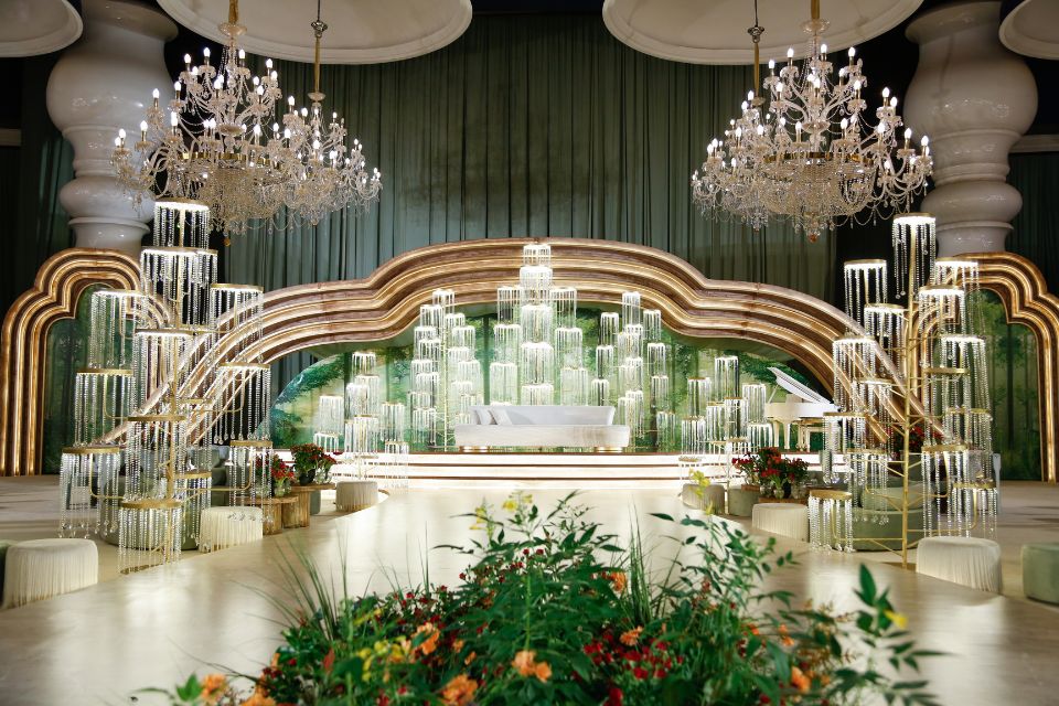 Chandeliers and fancy glass decorations in a ballroom setting