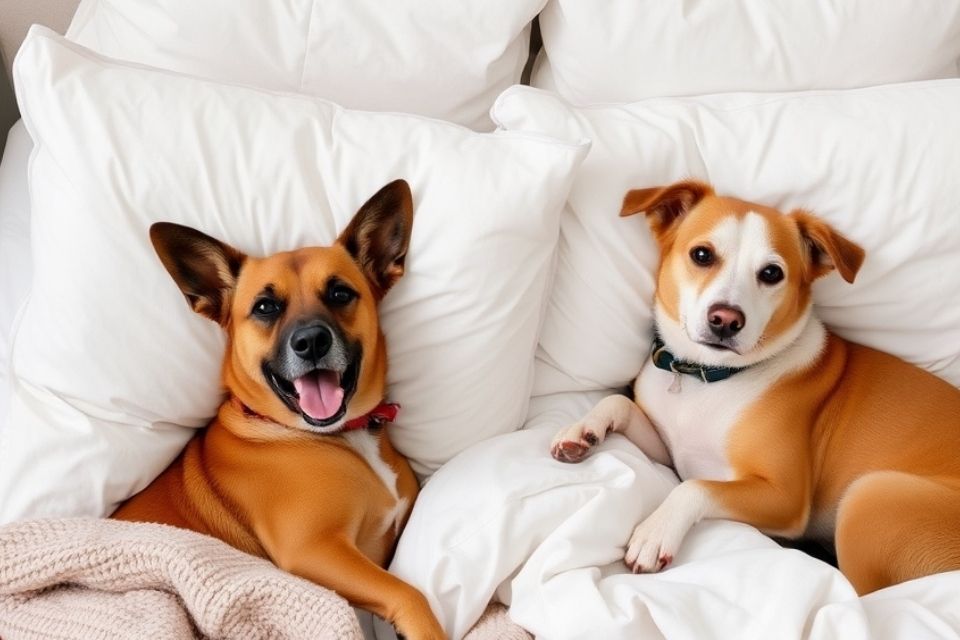 Two dogs lay in a large bed with white pillows beneath them