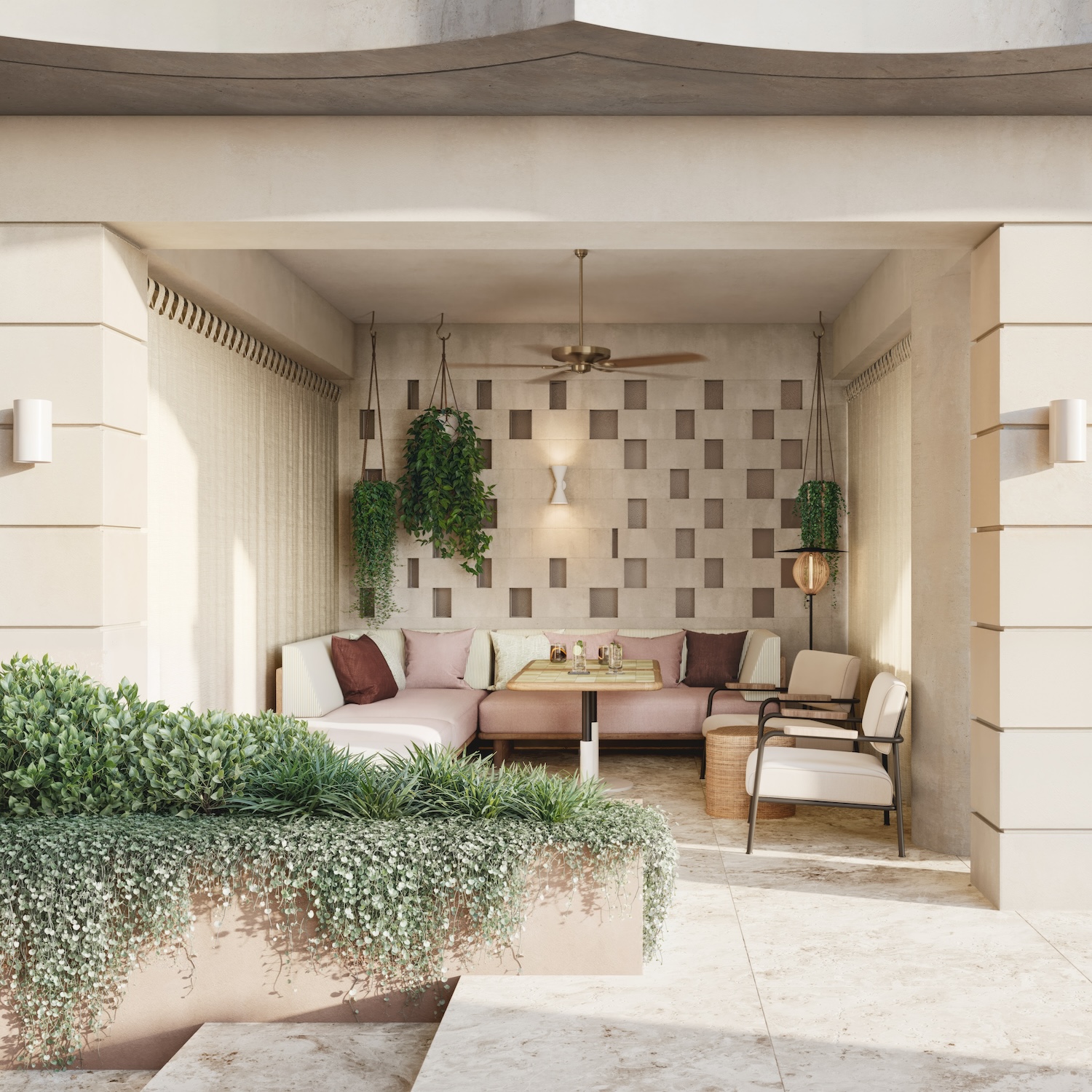 Cabana with cream and neutral colored outdoor sofas