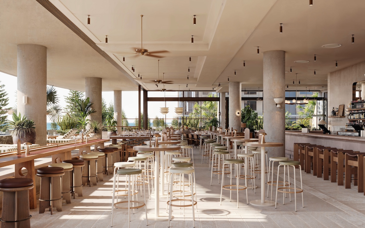 Cream and light natural wood colored bar/ restaurant with multiple tables and high-tops