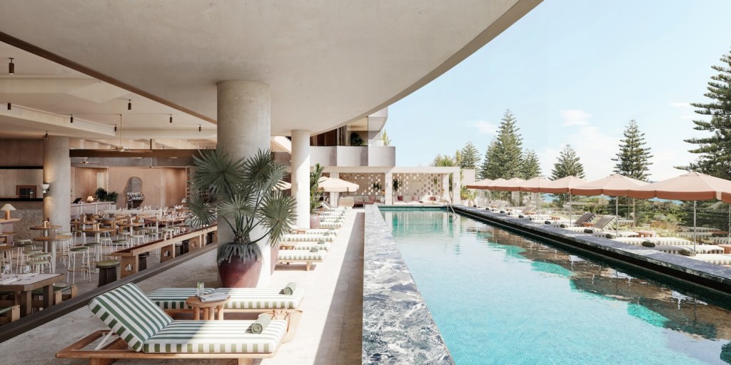 Pool club with large rectangular pool and striped chaise lounges on one side, and cabanas on the other