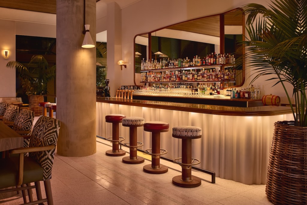 Dimly lit bar with stools