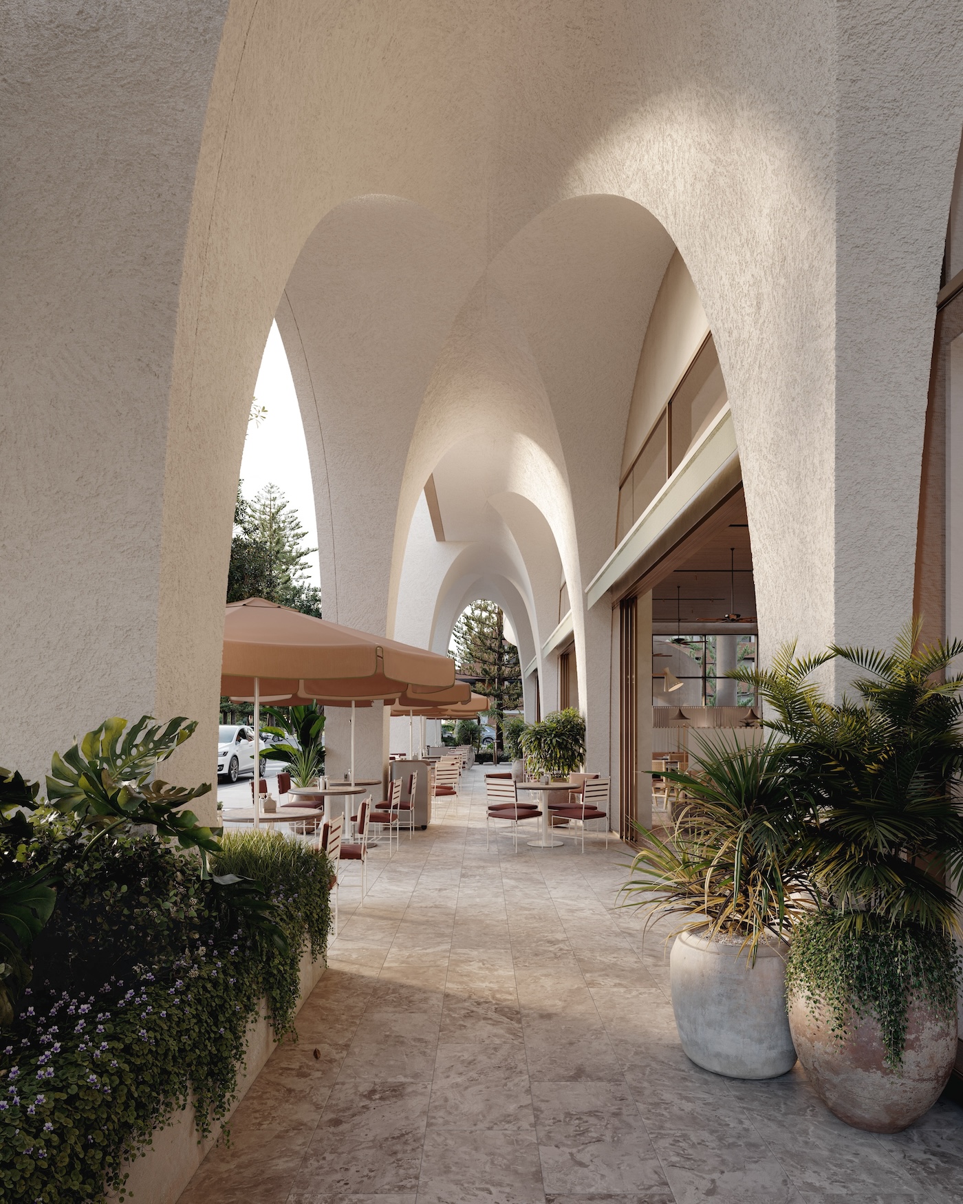 Outdoor cafe with sloping cream concrete