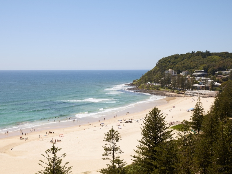 Sandy beach with blue water ocean and greenery in the background