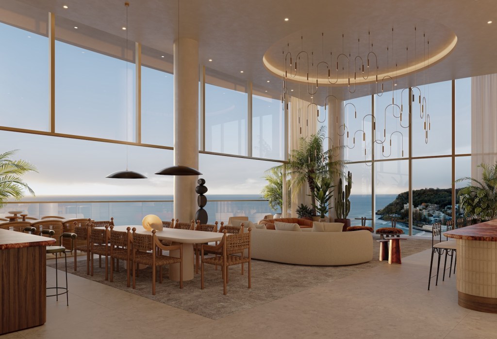 Large penthouse with floor to ceiling windows, large rectangle dinner table, and white sofa