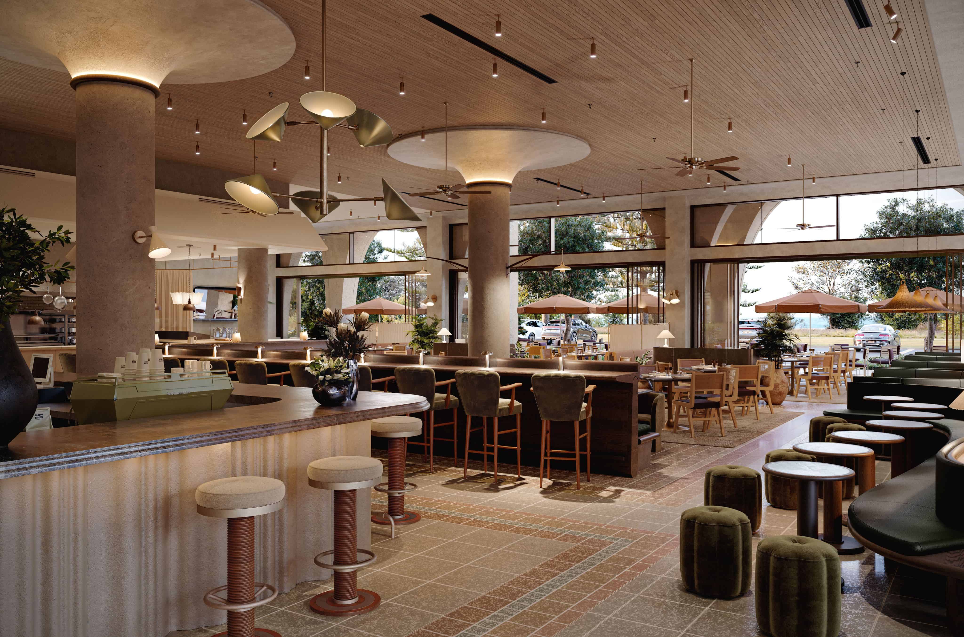 Large warmly lit dining room with coffee bar, bar with green velvet bar stools, and tables with booths and green velvet chairs