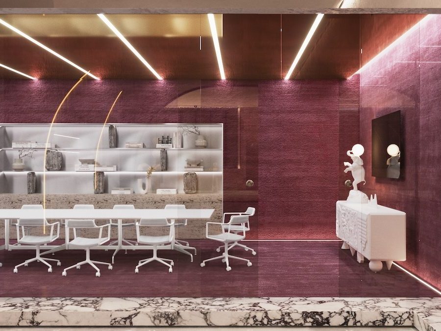 Pink conference room with white table and chairs