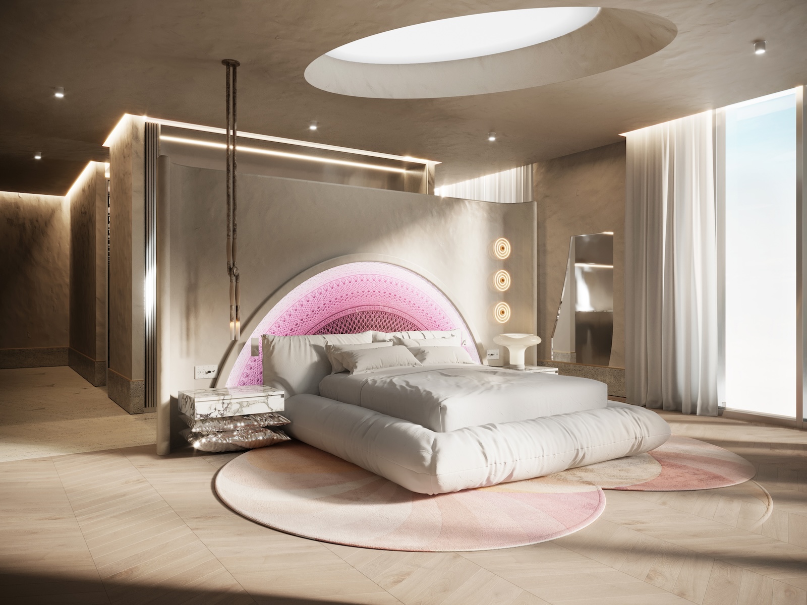 Large penthouse bedroom with white and cream bed with ombre pink headboard on cream carpet