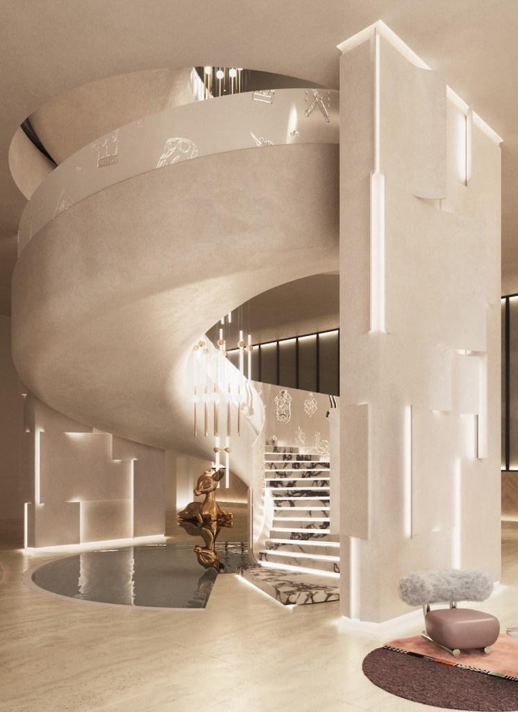 Cream colored glossy spiral staircase with gold statue at the bottom