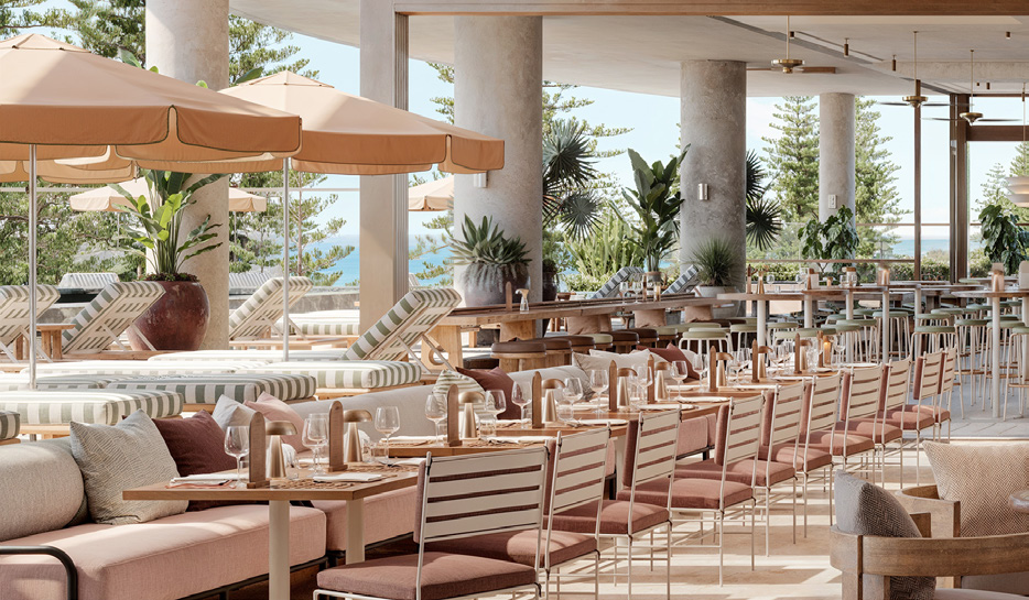 Large outdoor bar and dining area with umbrellas