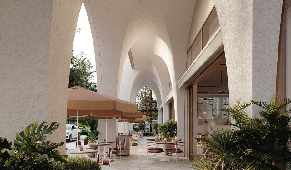 Umbrella awning over outdoor tables with swooping cream colored arches 