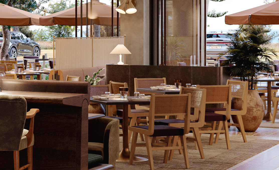 Multiple dining tables with light wooden dining chairs and velvet booths