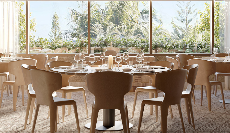 Meeting room with round light wooden tables and chairs and a window overlooking palm trees