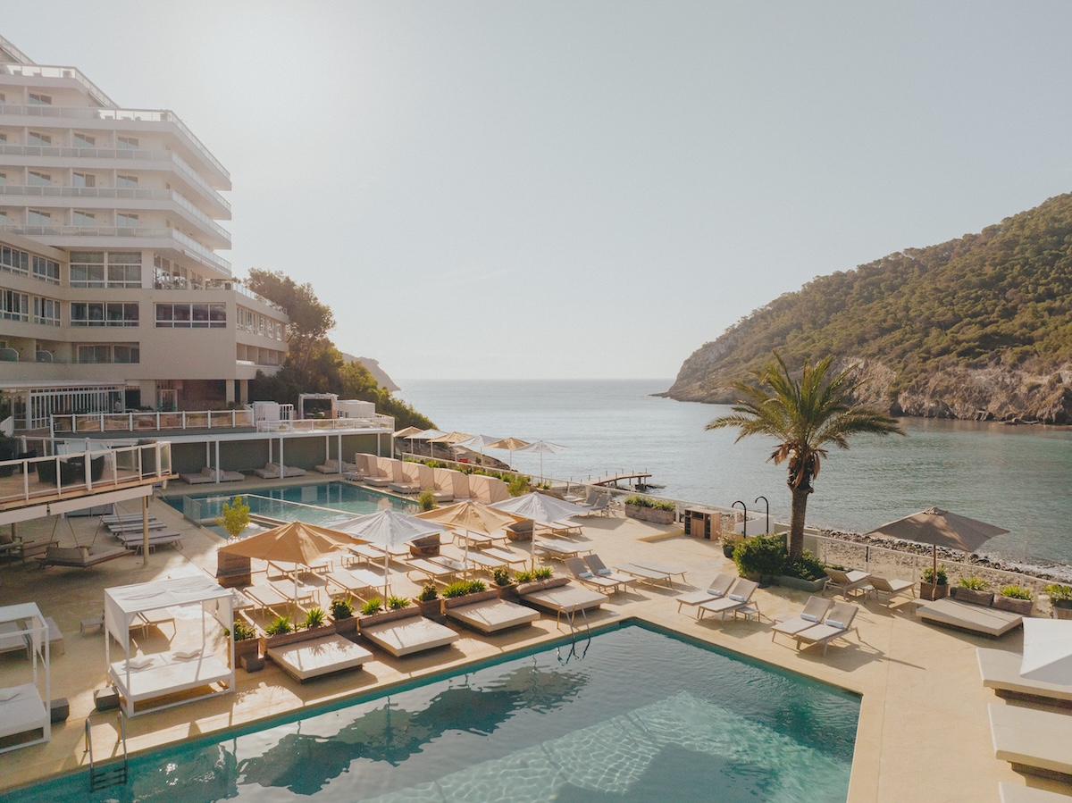 Large pool with chaise lounges surrounding it, a palm tree, overlooking turquoise waters