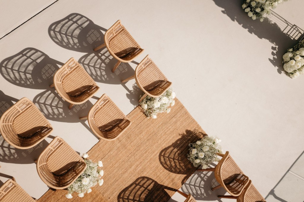 Mondrian Ibiza outdoor terrace with sea view and wedding setting with white flowers