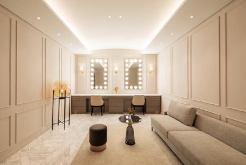 Beige sleek modern lounge room with sofa and bar