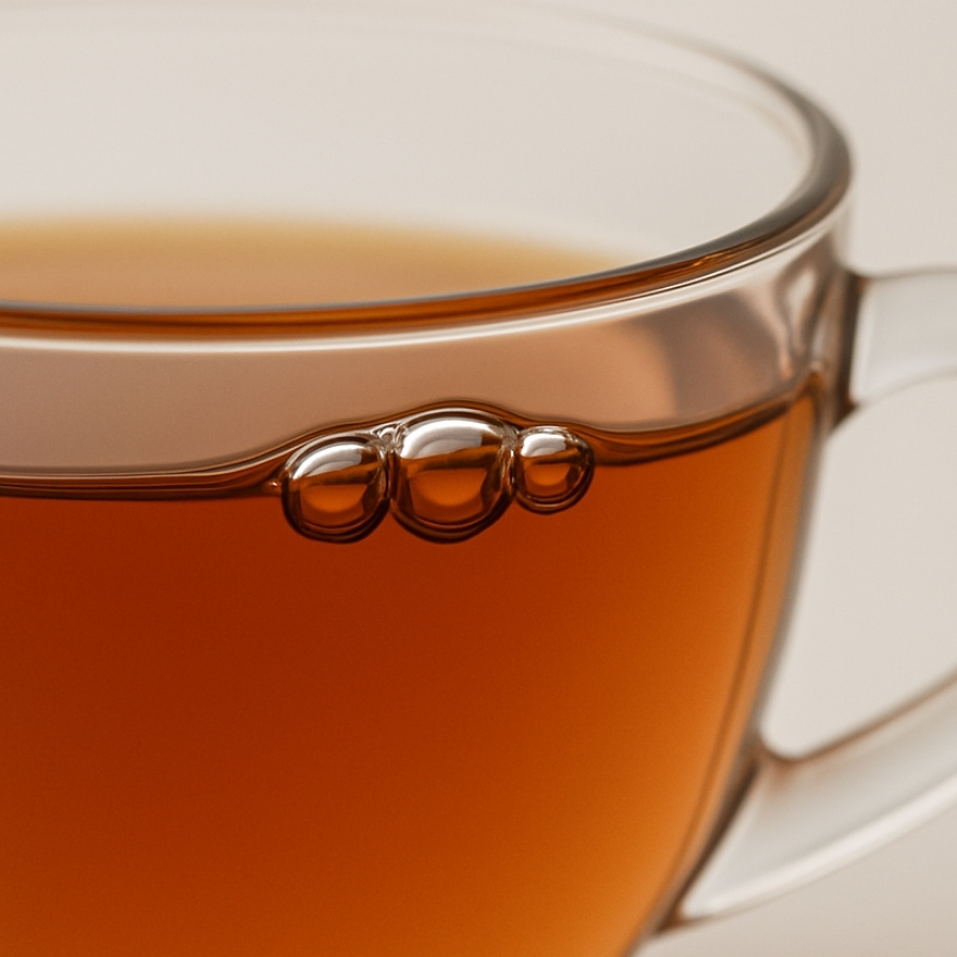 Close up image of amber colored tea in a clear glass