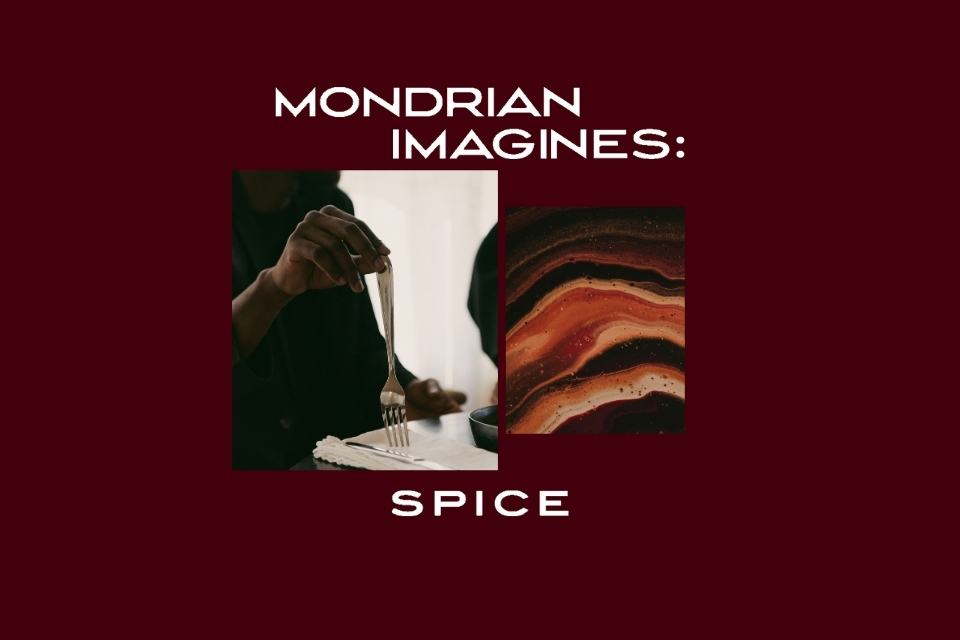 Maroon background with white text that reads Mondrian Imagines: Spice