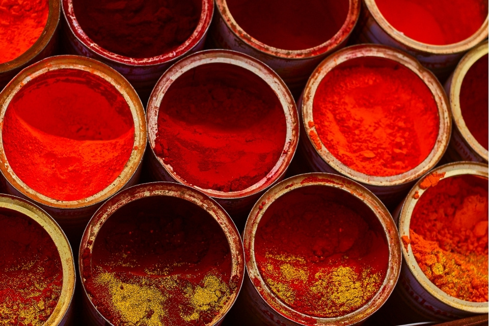 Red powders in buckets