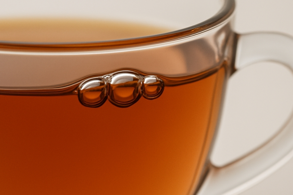 Close up image of amber colored tea in a clear glass