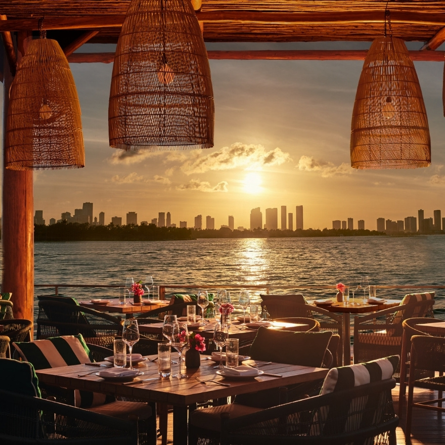 Sunset over a patio overlooking the ocean