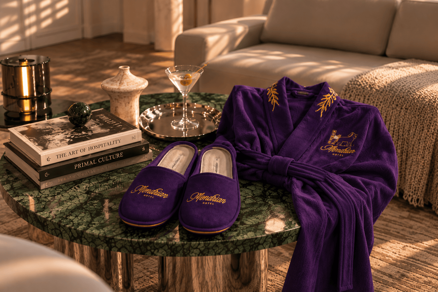 Purple robe and slipper set on a green marble table with a glass of martini and decorative items